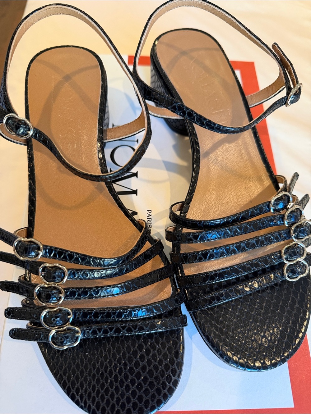 Nomsei Belle Du Jour Black Multi-Strap Slingback Sandals with Buckle Detail